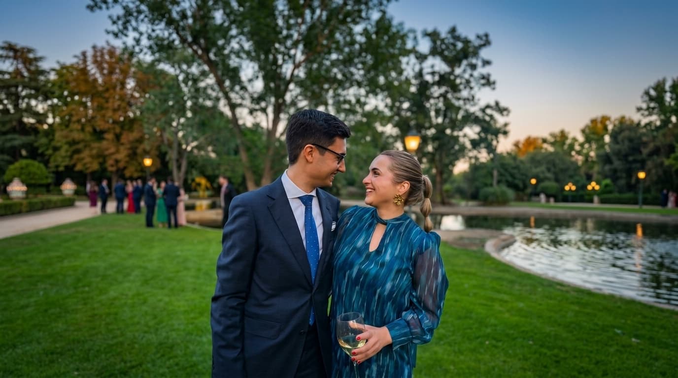 Javier y Teresa en el jardín al caer la tarde, con el estanque y los farolillos encendidos detrás